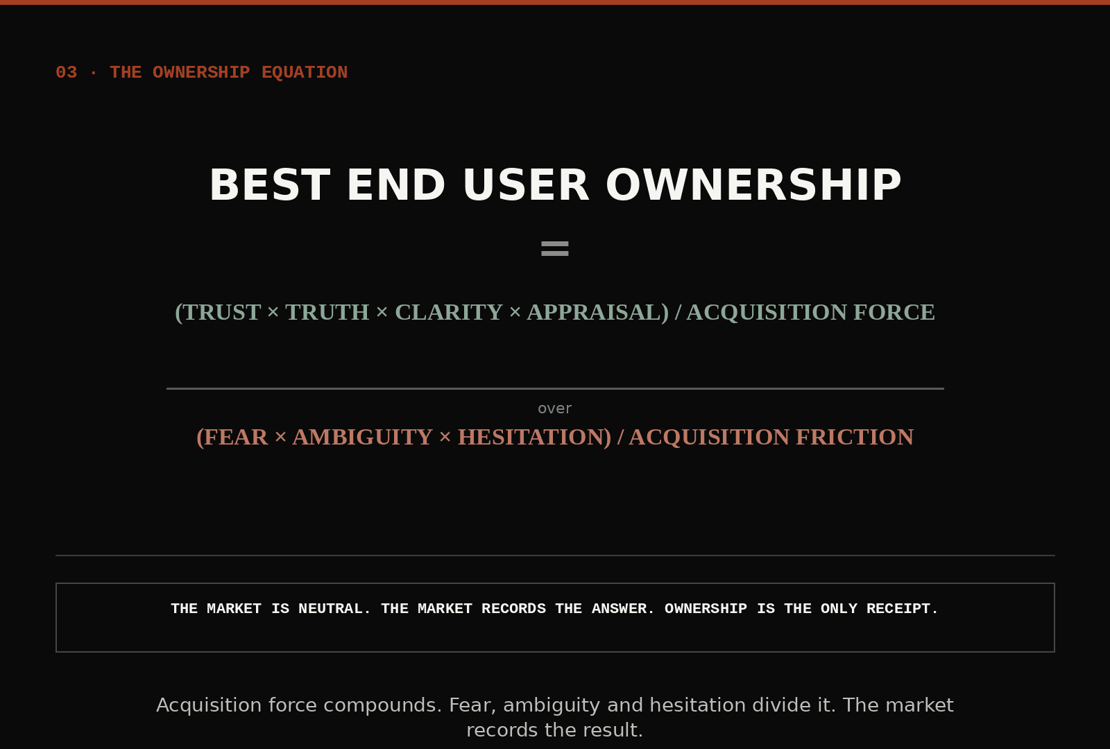 Formula graphic: The Best End User Ownership equals trust times truth times clarity times appraisal over acquisition force, divided by fear times ambiguity times hesitation over acquisition friction